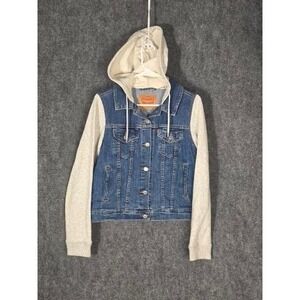 Levi Strauss Two Tone Denim Jacket Grey Hooded Sleeves Womens Size L Blue Casual